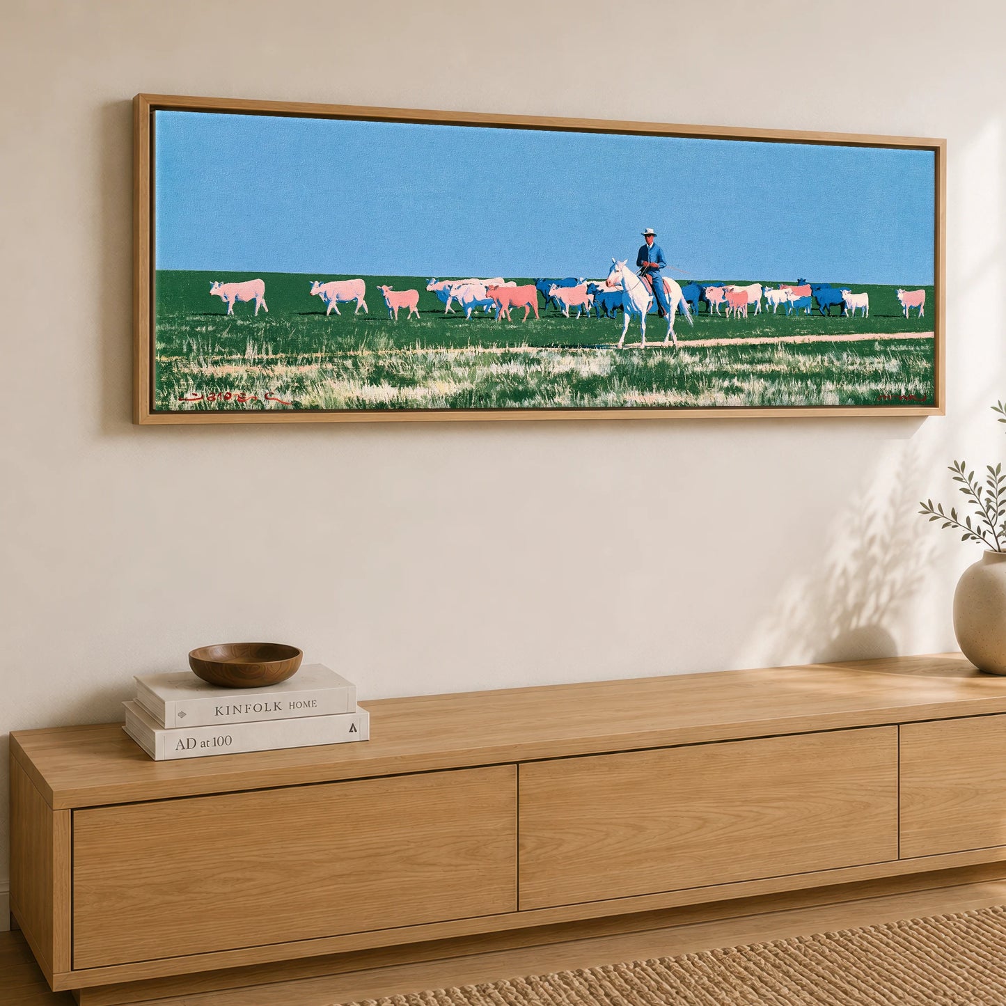 Big Sky Drover Western Horse panoramic canvas wall art displayed above a sideboard