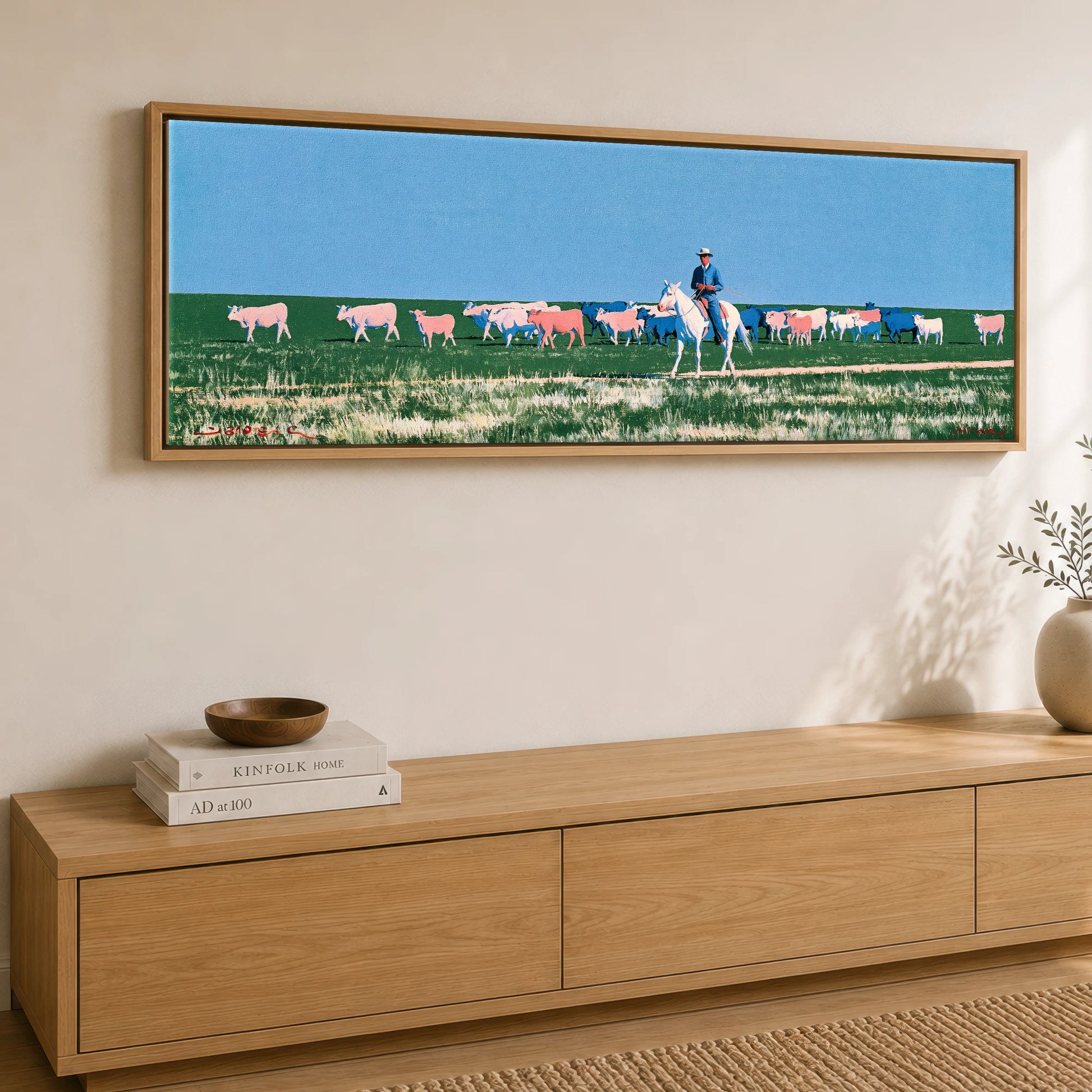 Big Sky Drover Western Horse panoramic canvas wall art displayed above a sideboard