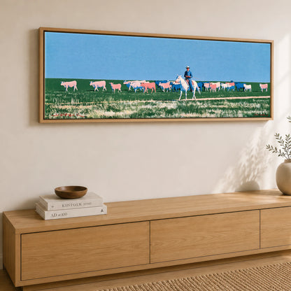 Big Sky Drover Western Horse panoramic canvas wall art displayed above a sideboard