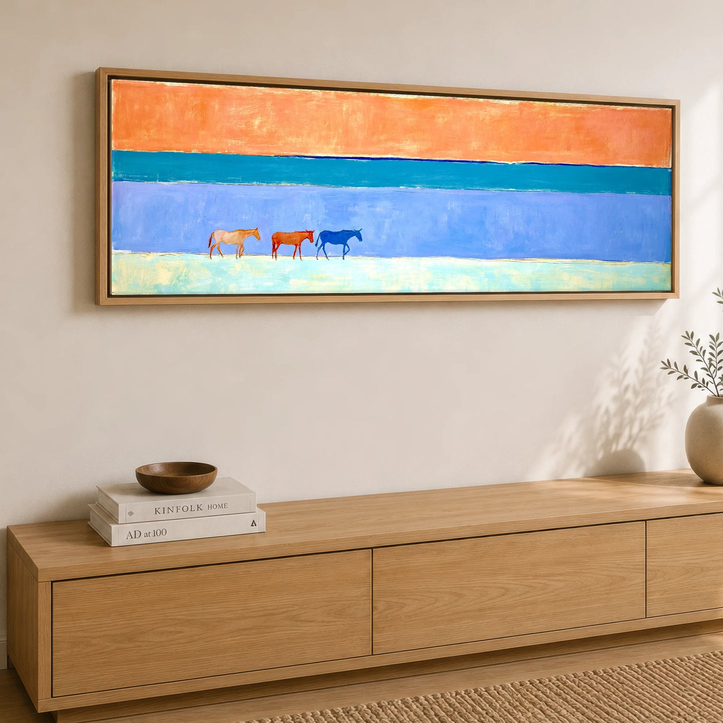 Horizon Wanderers Beach Horse panoramic canvas wall art displayed above a sideboard