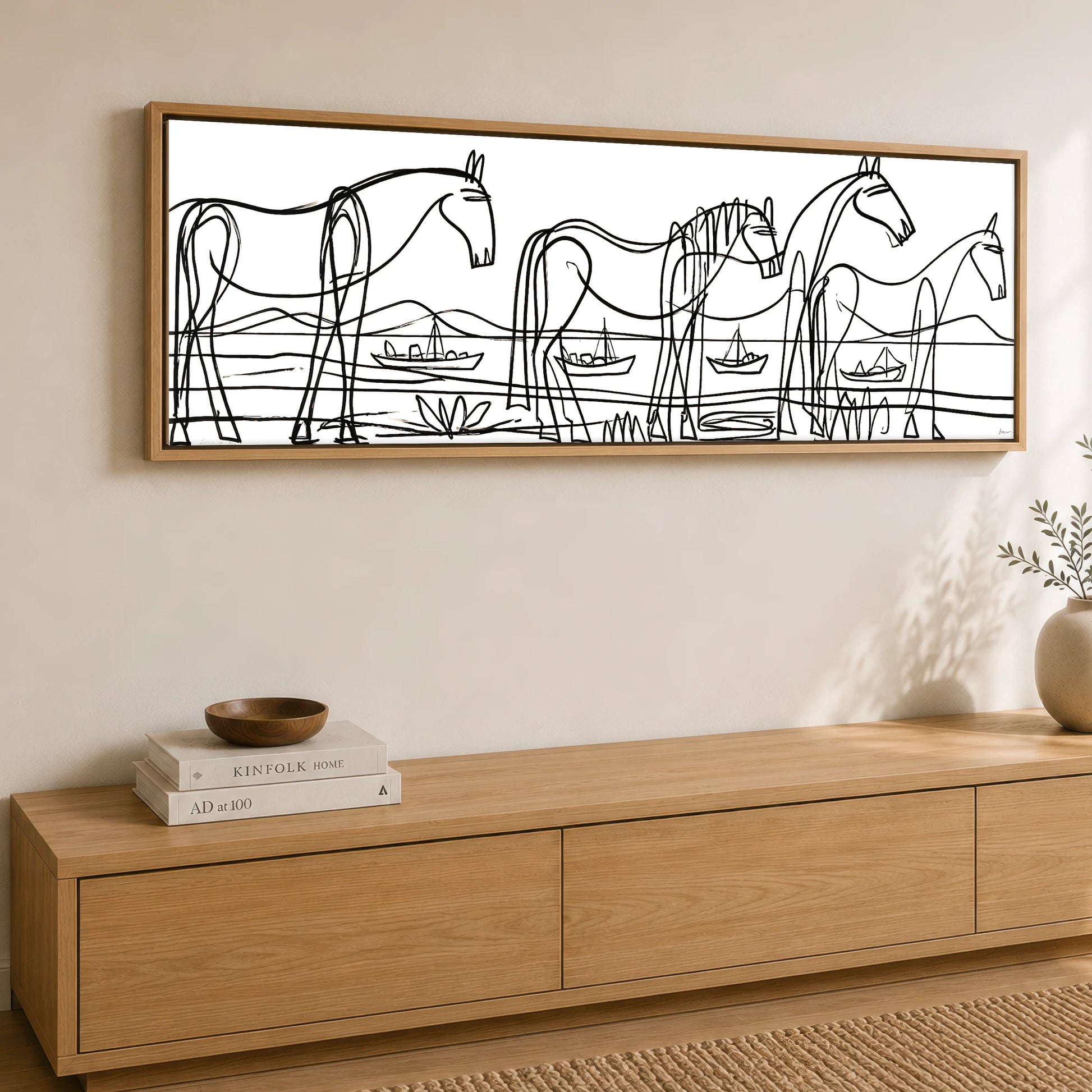 Equine Coastal Rhythm Horse Landscape panoramic canvas wall art displayed above a sideboard