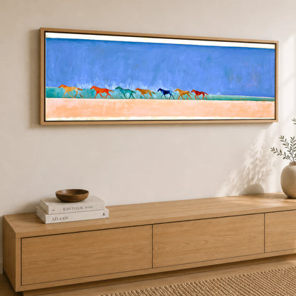 Rhythm of the Coast Beach Horse panoramic canvas wall art displayed above a sideboard
