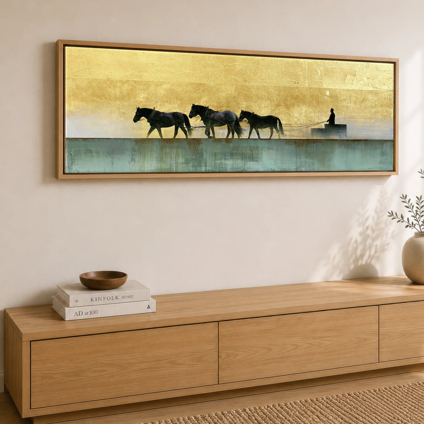 The Golden Drive Working Horse panoramic canvas wall art displayed above a sideboard