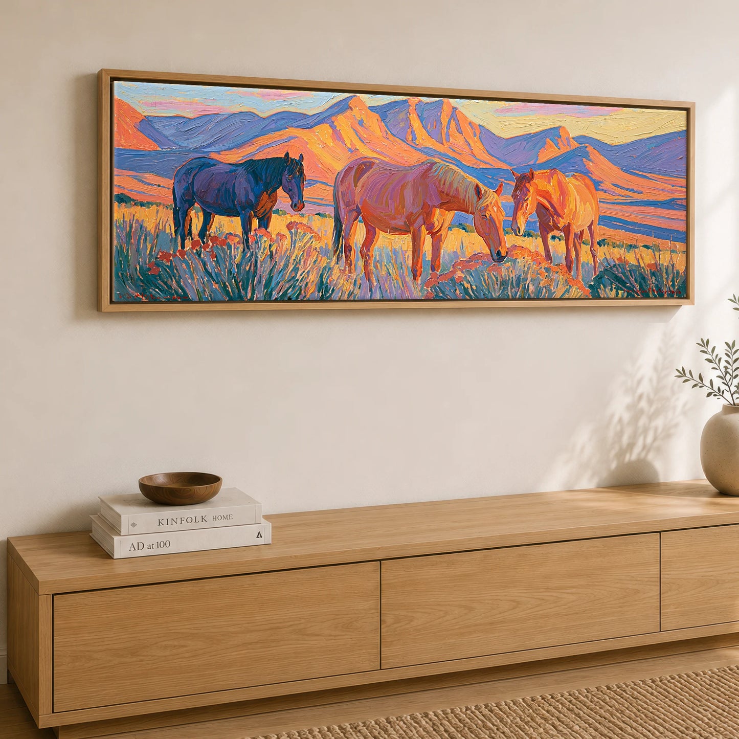 Vibrant Mountain Pasture Horse Landscape panoramic canvas wall art displayed above a sideboard