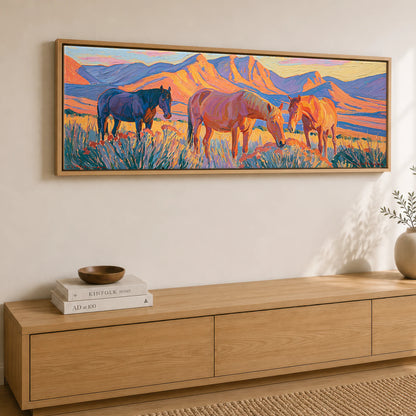 Vibrant Mountain Pasture Horse Landscape panoramic canvas wall art displayed above a sideboard