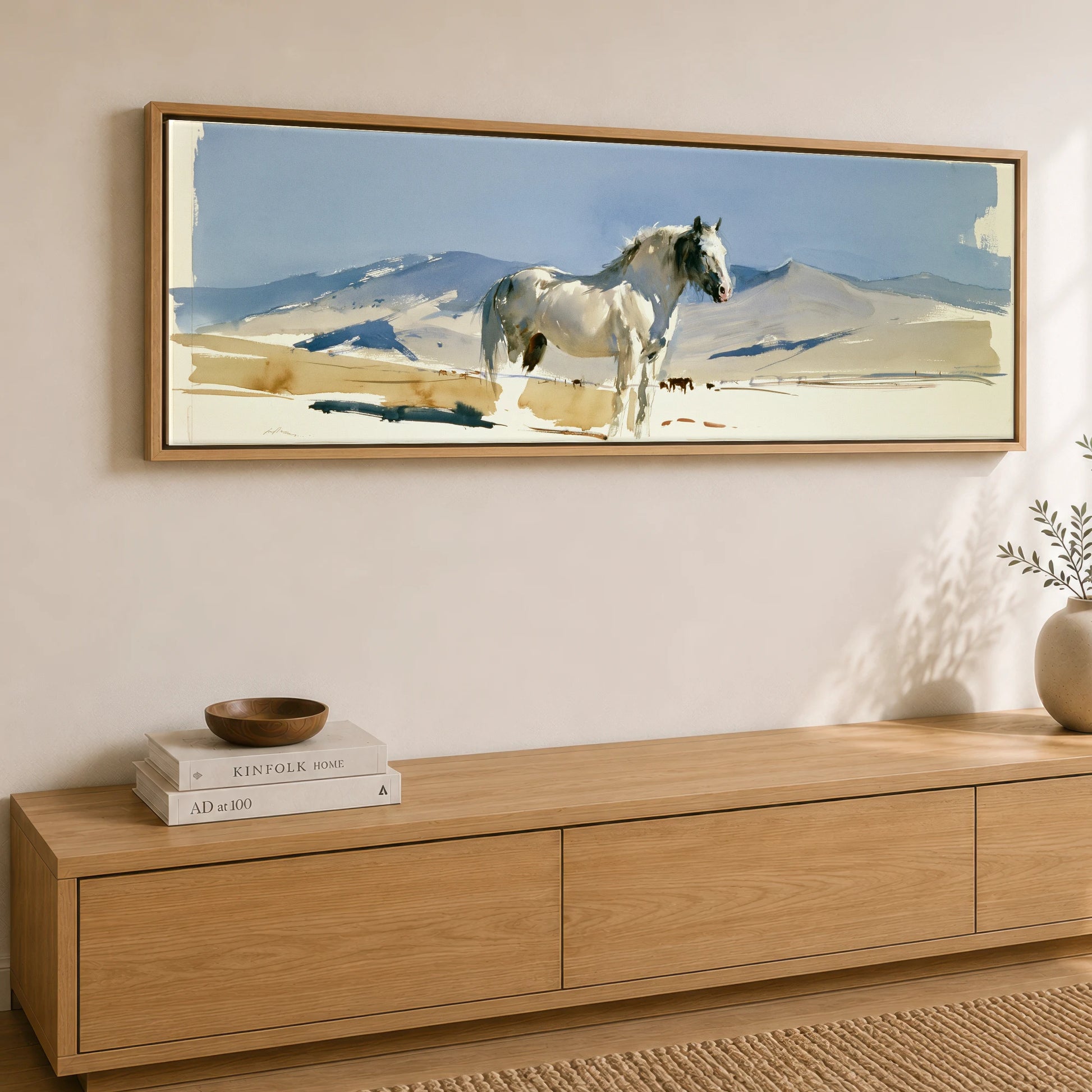 Stillness on the Range Horse Landscape panoramic canvas wall art displayed above a sideboard