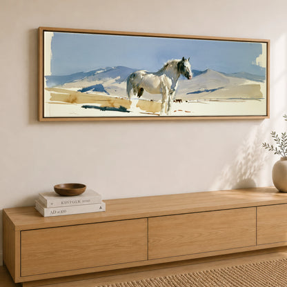 Stillness on the Range Horse Landscape panoramic canvas wall art displayed above a sideboard