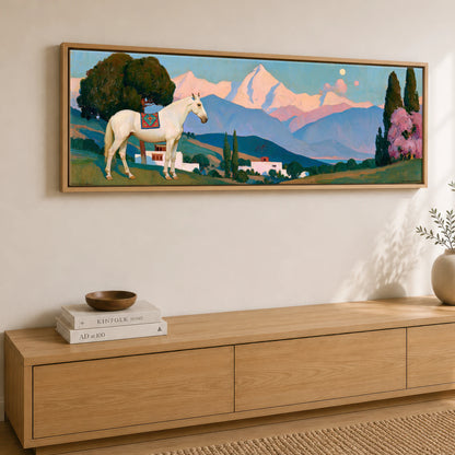 Valley of Dreams Horse Landscape panoramic canvas wall art displayed above a sideboard
