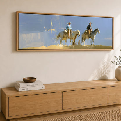 Sunlit Range Riders Horse & Rider panoramic canvas wall art displayed above a sideboard