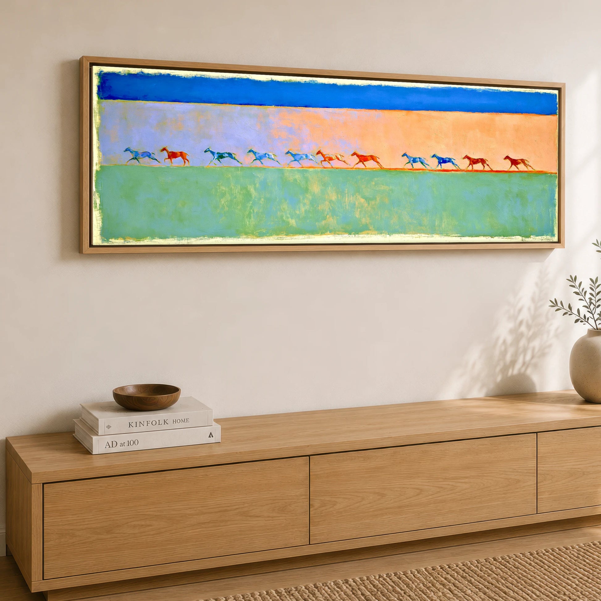 Rhythm in Colour Polo Horse panoramic canvas wall art displayed above a sideboard