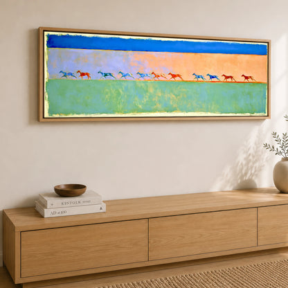 Rhythm in Colour Polo Horse panoramic canvas wall art displayed above a sideboard