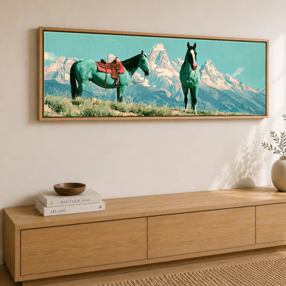 Vivid High Country Horse Landscape panoramic canvas wall art displayed above a sideboard