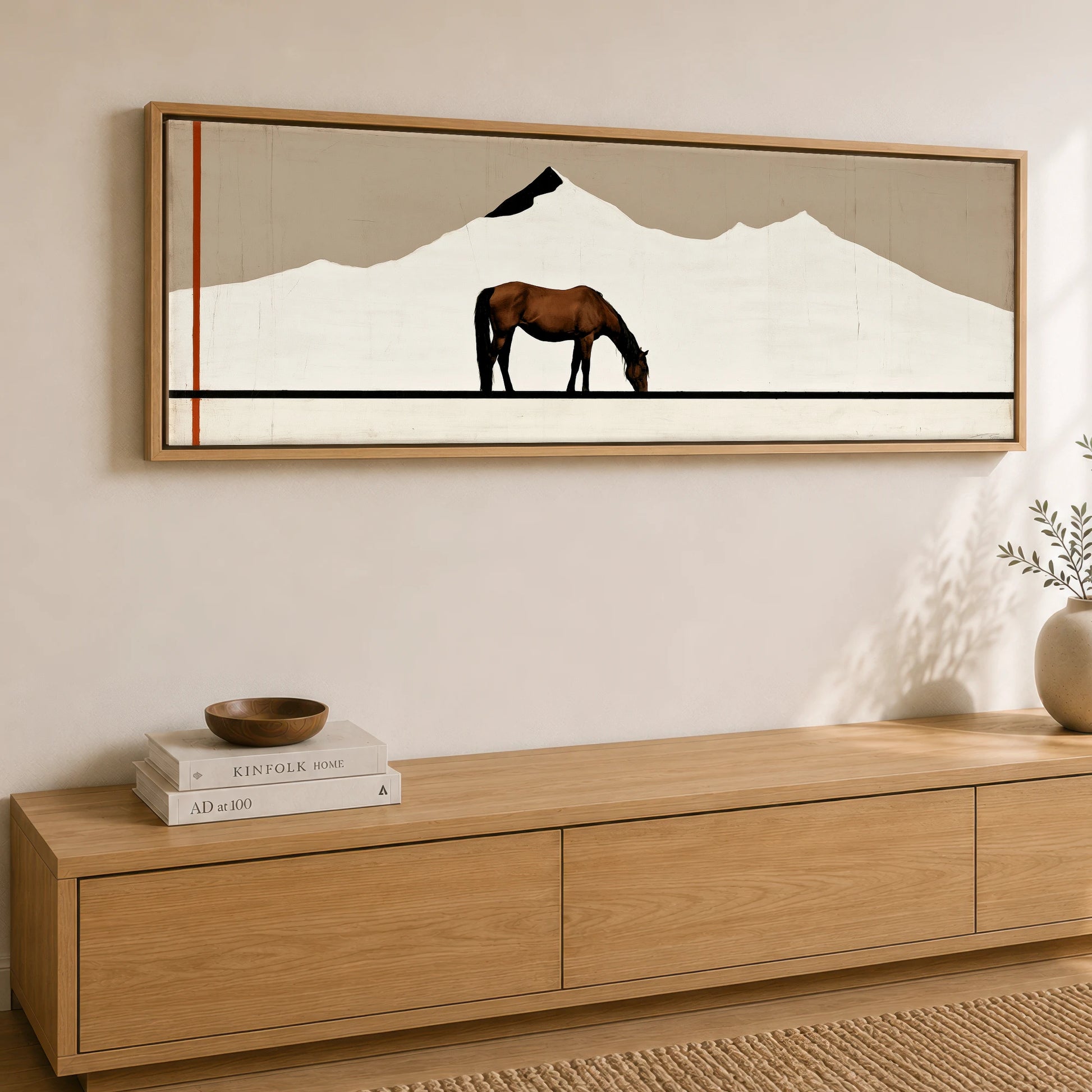 The Minimalist Pasture Horse Landscape panoramic canvas wall art displayed above a sideboard