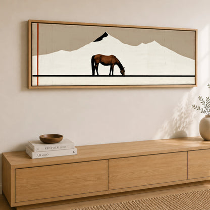 The Minimalist Pasture Horse Landscape panoramic canvas wall art displayed above a sideboard