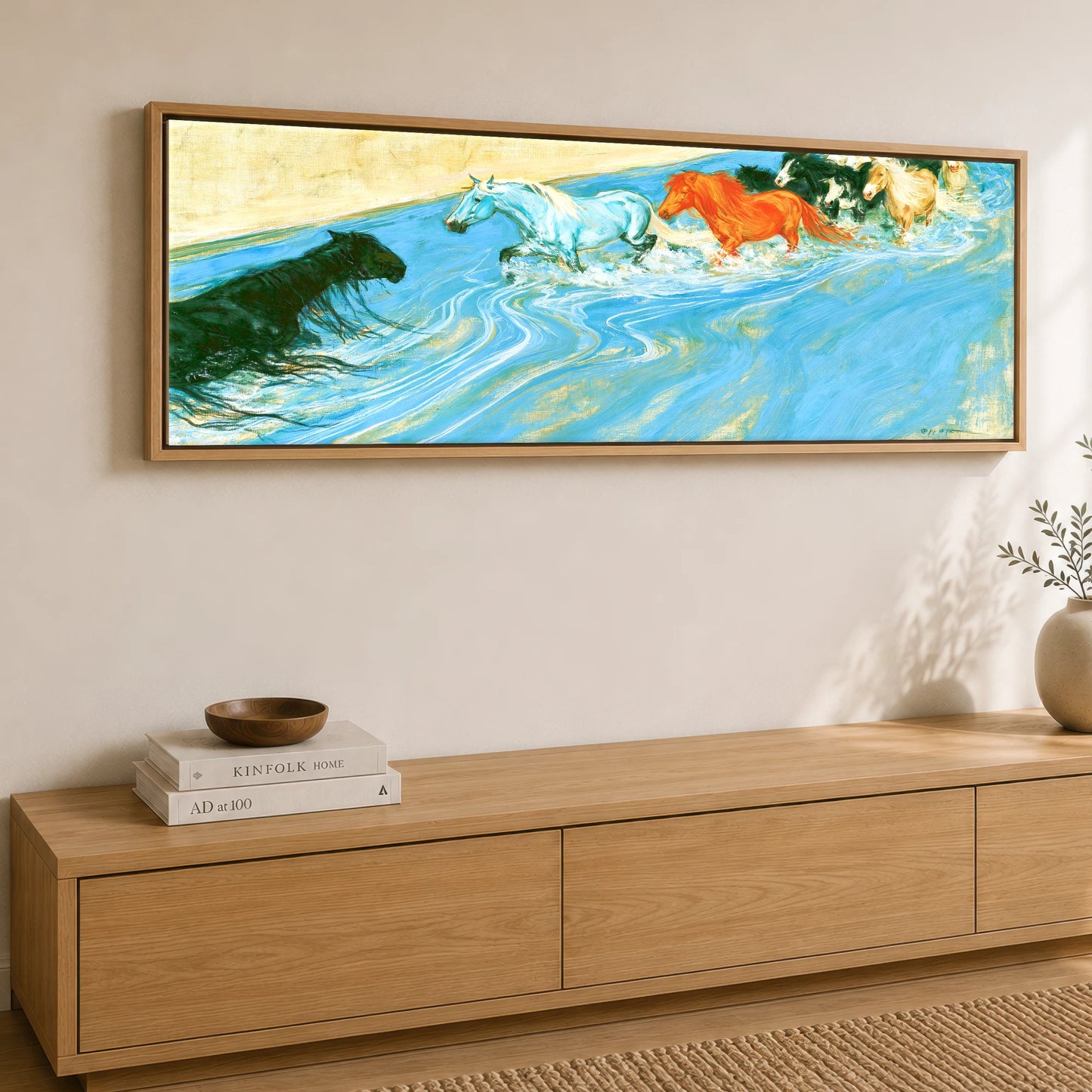 The Azure Crossing Horse Landscape panoramic canvas wall art displayed above a sideboard