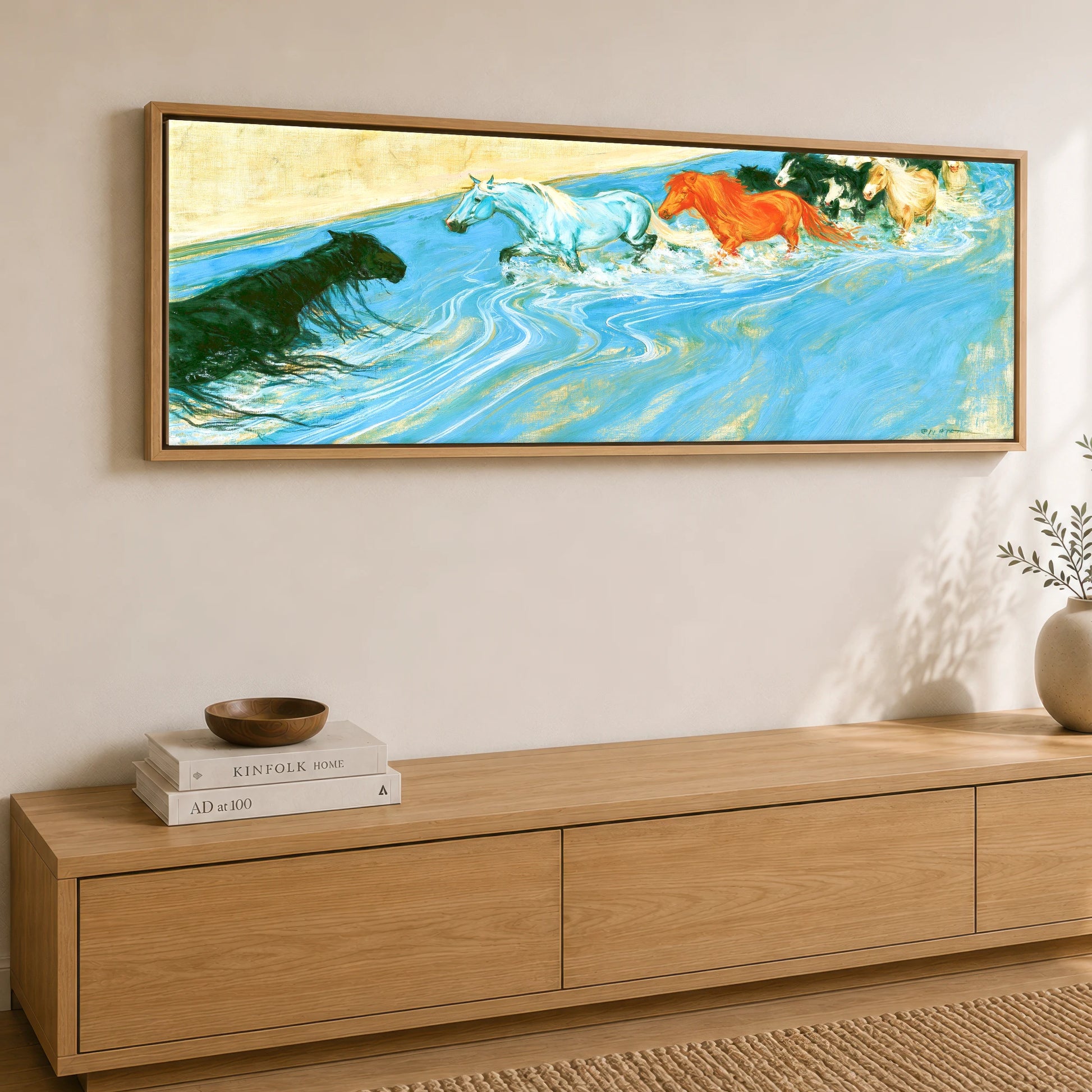 The Azure Crossing Horse Landscape panoramic canvas wall art displayed above a sideboard