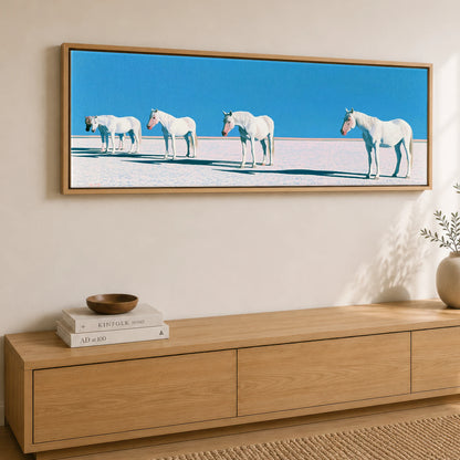Silent Greys Beneath Azure Horse Landscape panoramic canvas wall art displayed above a sideboard