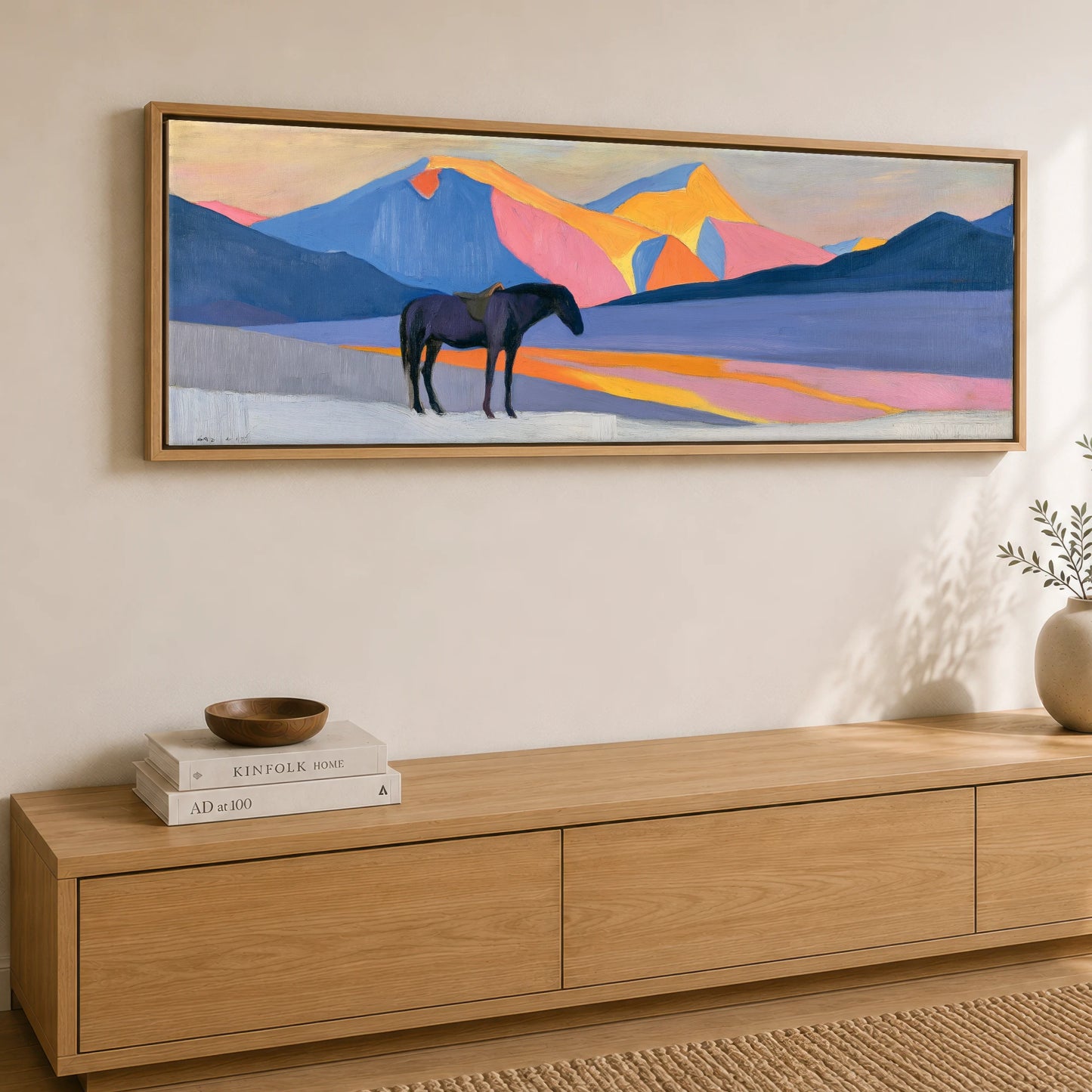 Vibrant Mountain Sentinel Horse Landscape panoramic canvas wall art displayed above a sideboard