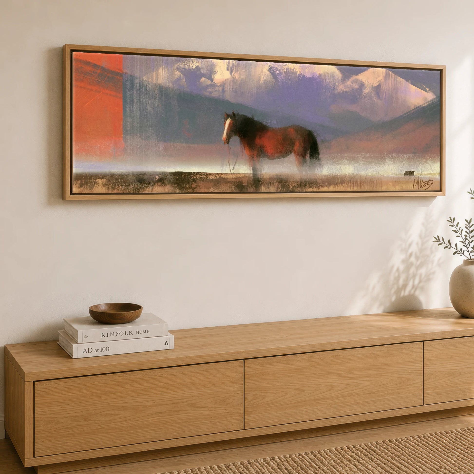 Sienna and Violet Haze Horse Landscape panoramic canvas wall art displayed above a sideboard
