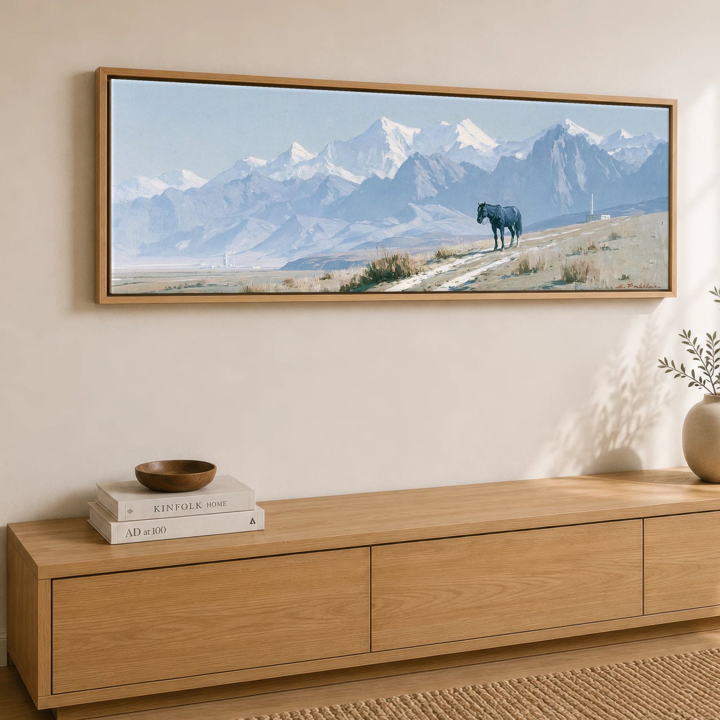 Mountain Solitude Horse Landscape panoramic canvas wall art displayed above a sideboard