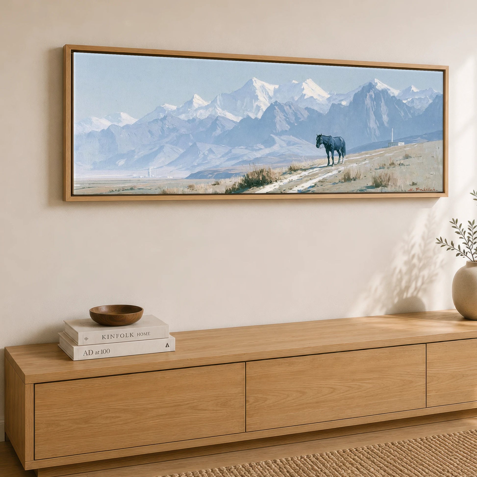 Mountain Solitude Horse Landscape panoramic canvas wall art displayed above a sideboard