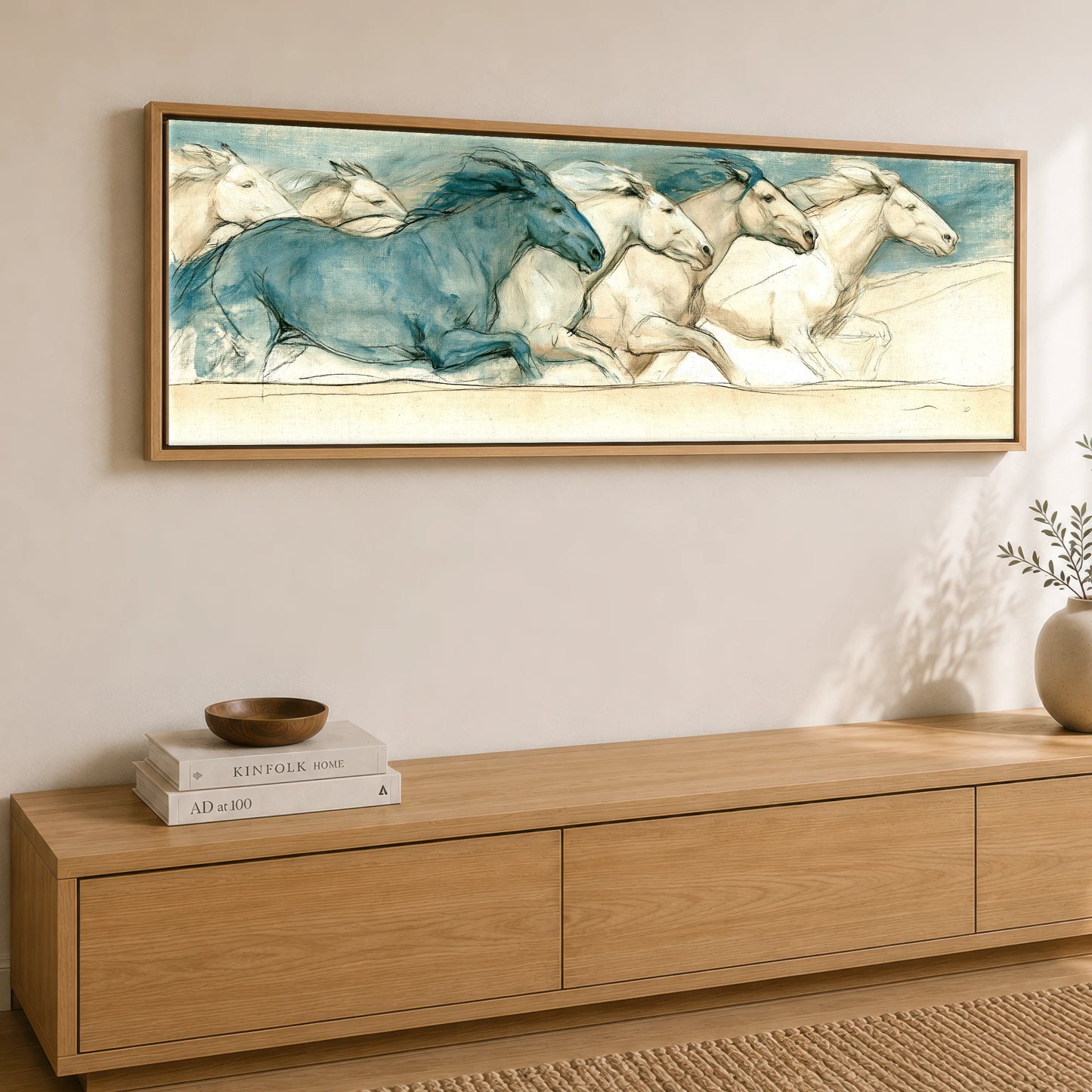 Azure Stride Horse Landscape panoramic canvas wall art displayed above a sideboard