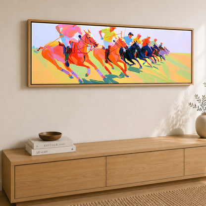 The Polo Charge Polo Horse panoramic canvas wall art displayed above a sideboard