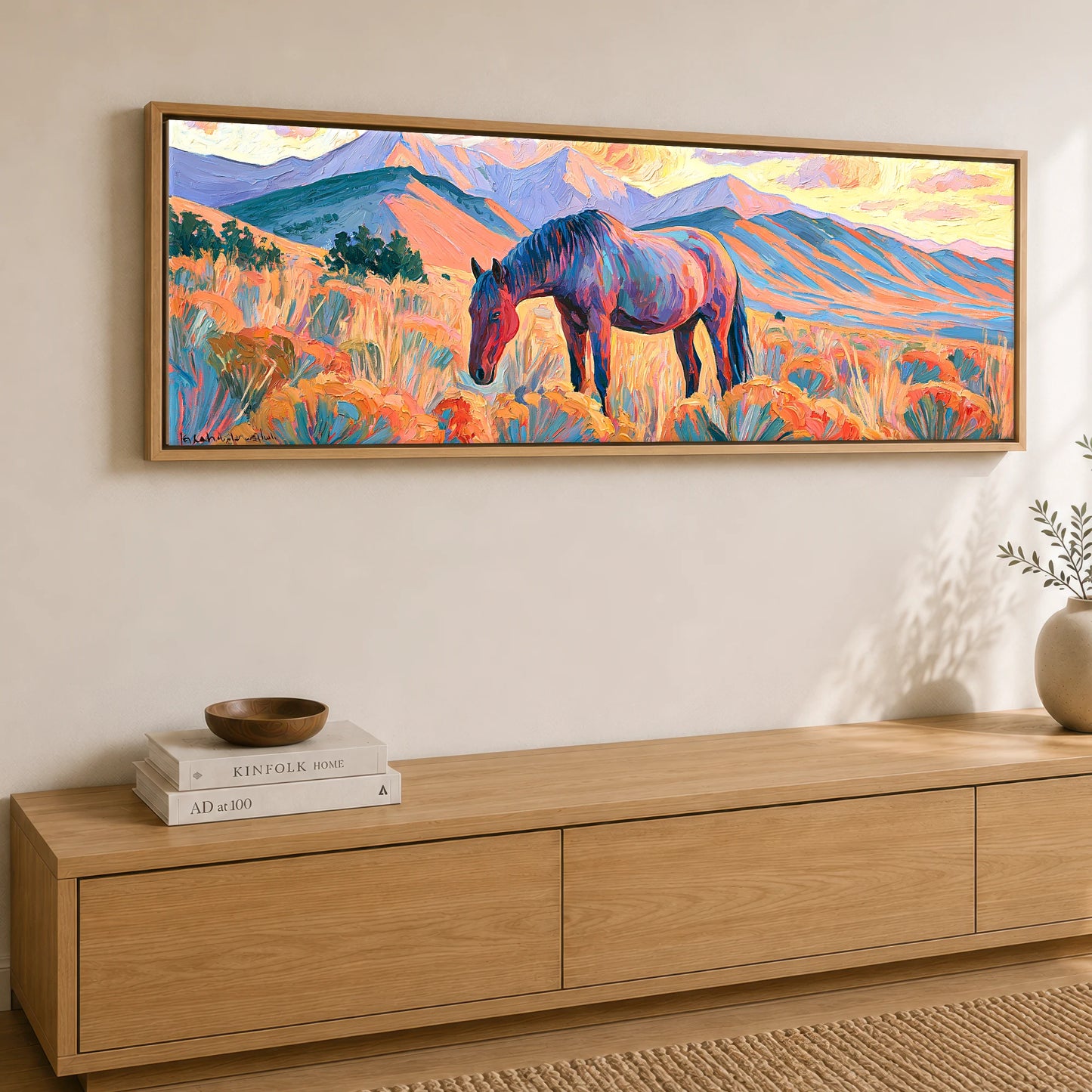 Vibrant Painted Pasture Horse Landscape panoramic canvas wall art displayed above a sideboard