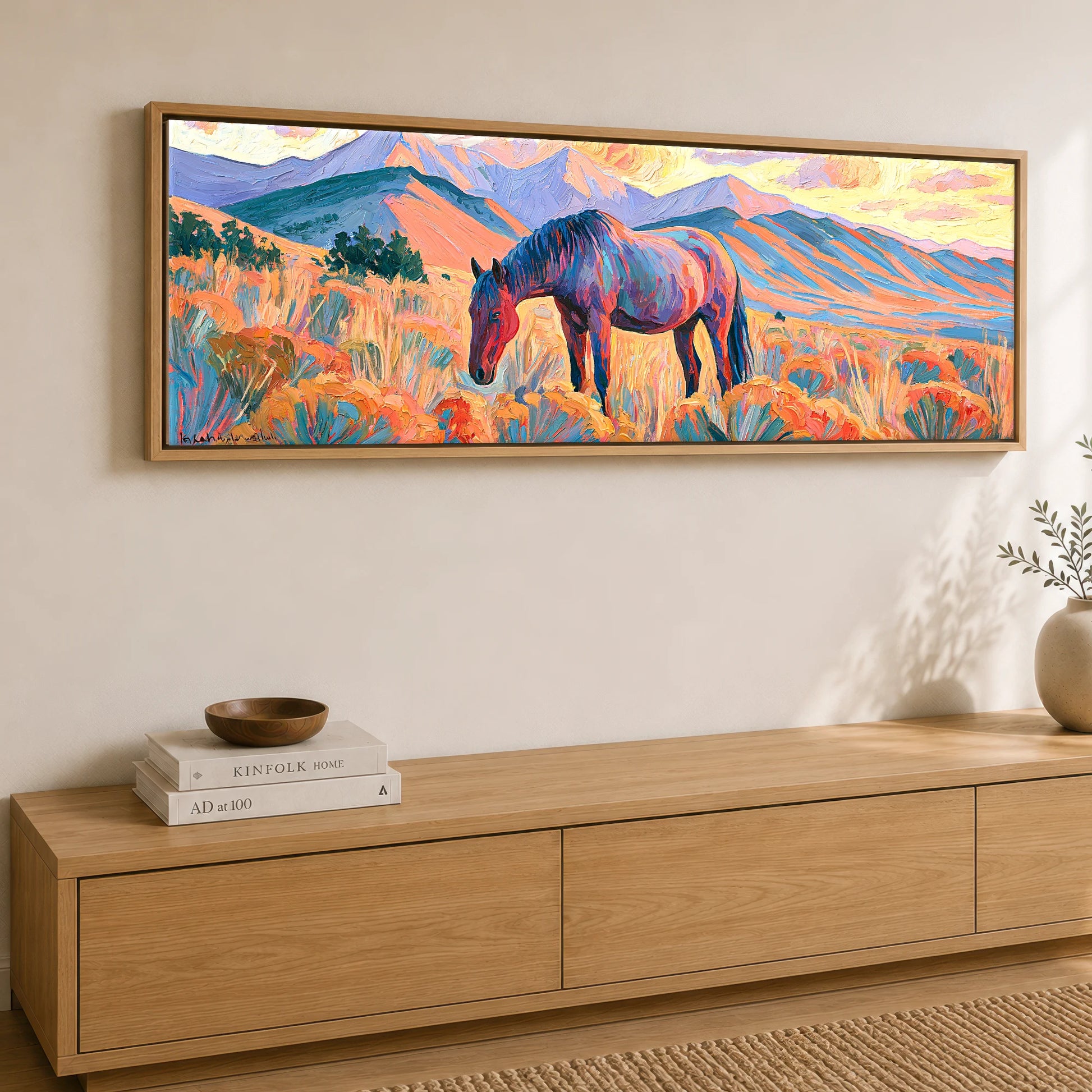 Vibrant Painted Pasture Horse Landscape panoramic canvas wall art displayed above a sideboard