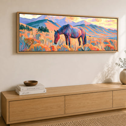 Vibrant Painted Pasture Horse Landscape panoramic canvas wall art displayed above a sideboard