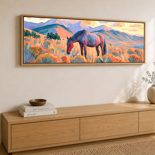 Vibrant Painted Pasture Horse Landscape panoramic canvas wall art displayed above a sideboard