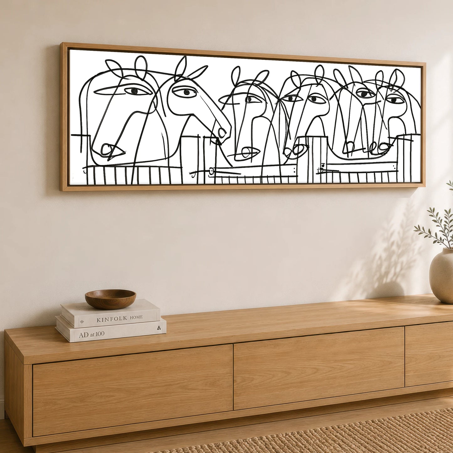 Linear Yard Horse Stable panoramic canvas wall art displayed above a sideboard