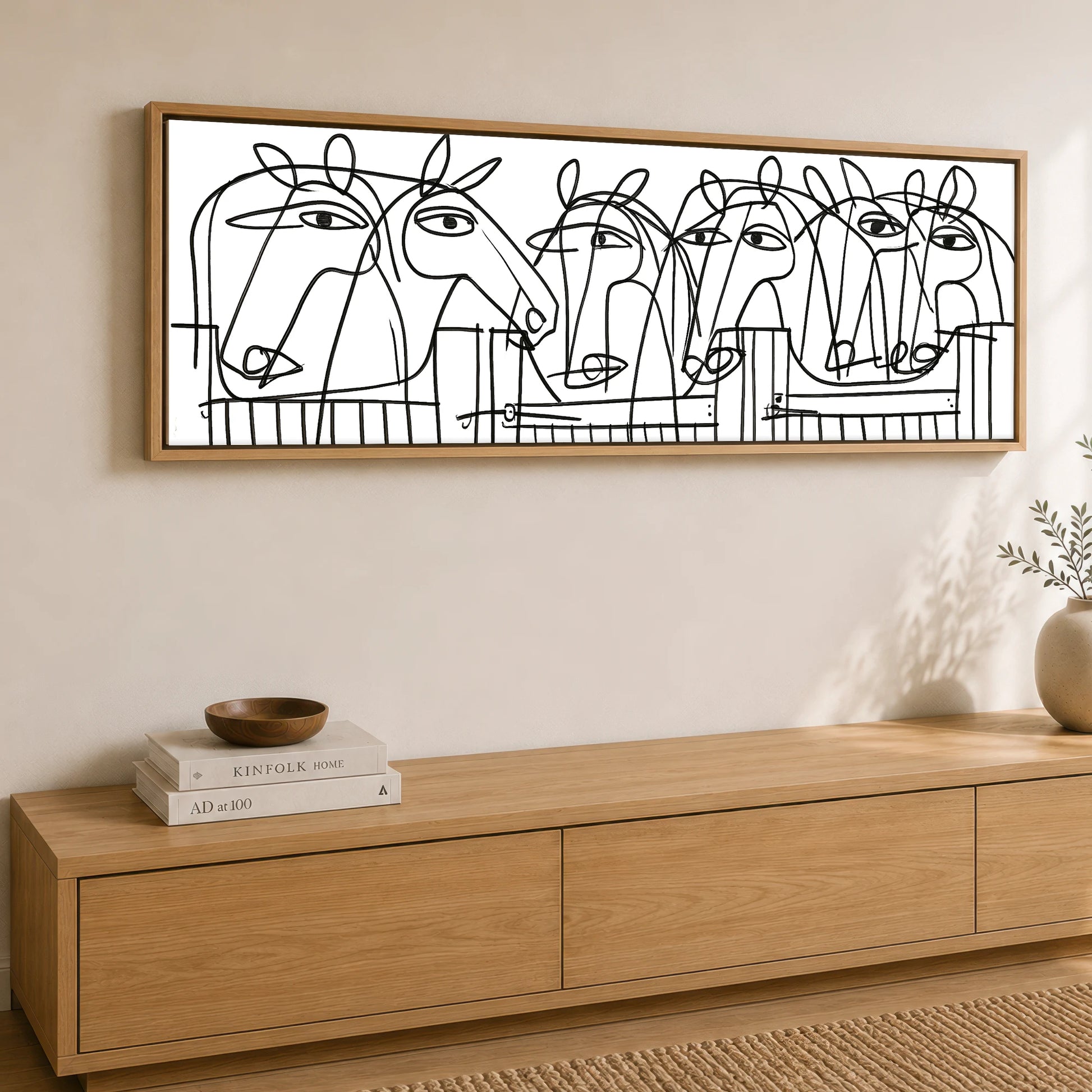 Linear Yard Horse Stable panoramic canvas wall art displayed above a sideboard
