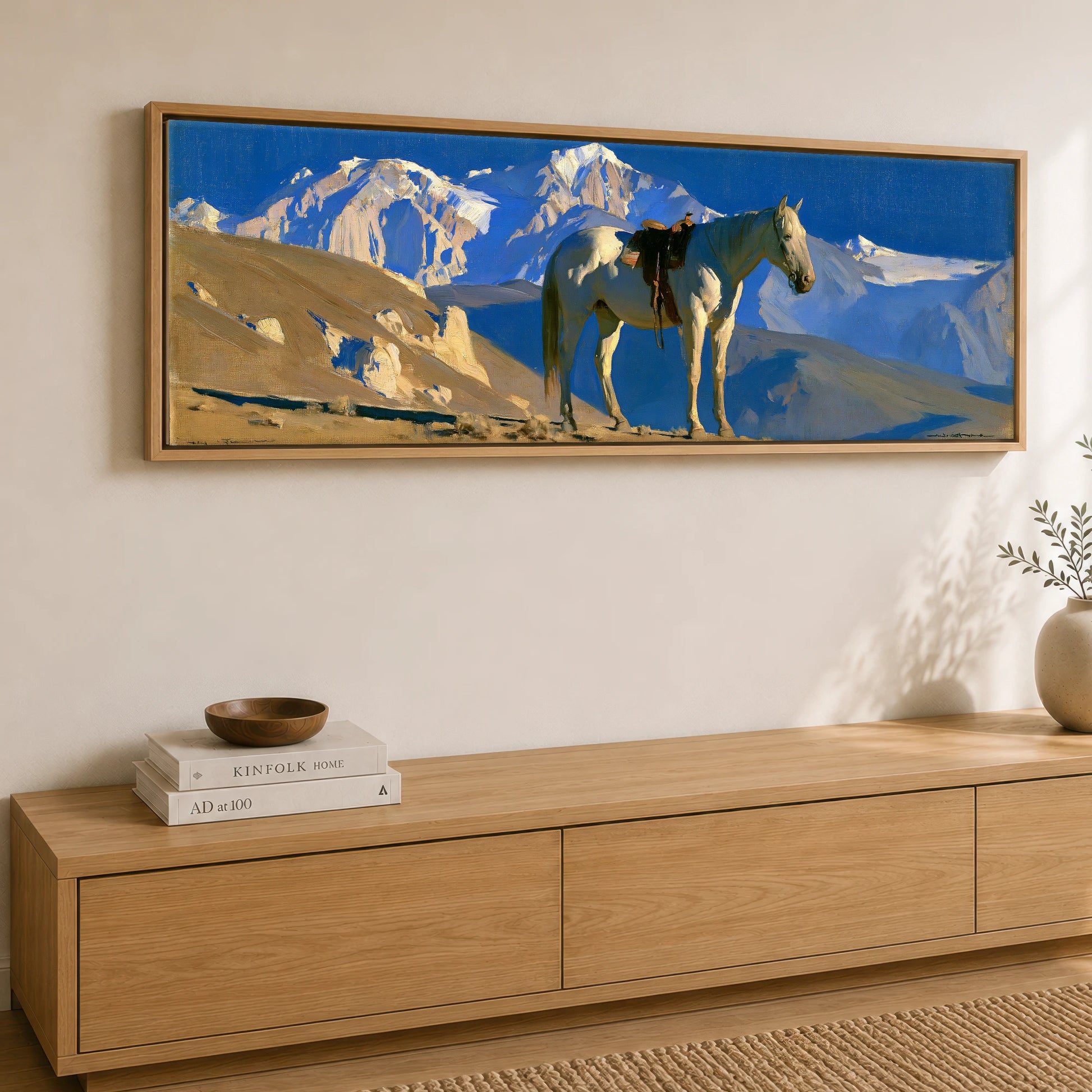 Sunlit Ridge Horse Landscape panoramic canvas wall art displayed above a sideboard