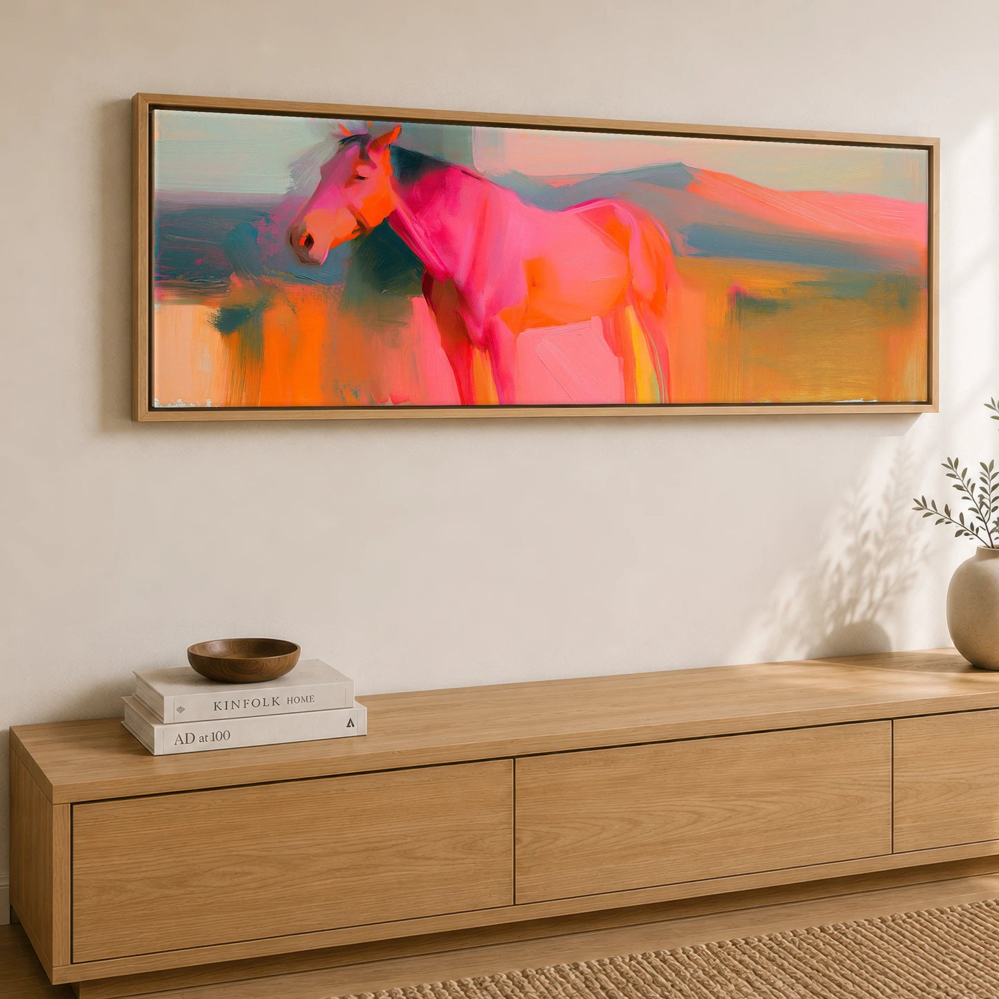 Vibrant Equine Horizon Horse Landscape panoramic canvas wall art displayed above a sideboard