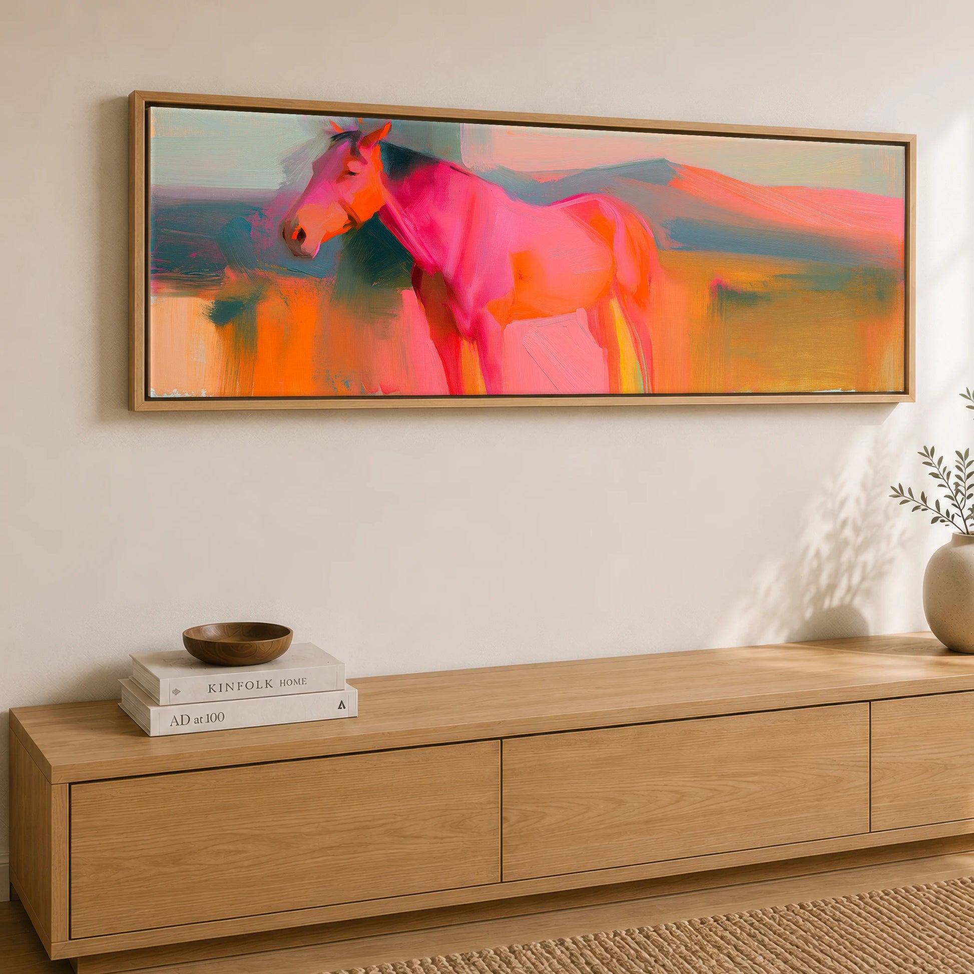 Vibrant Equine Horizon Horse Landscape panoramic canvas wall art displayed above a sideboard