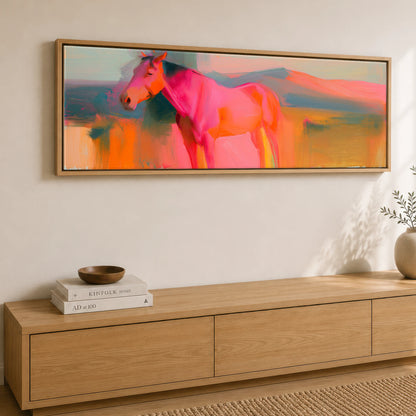 Vibrant Equine Horizon Horse Landscape panoramic canvas wall art displayed above a sideboard