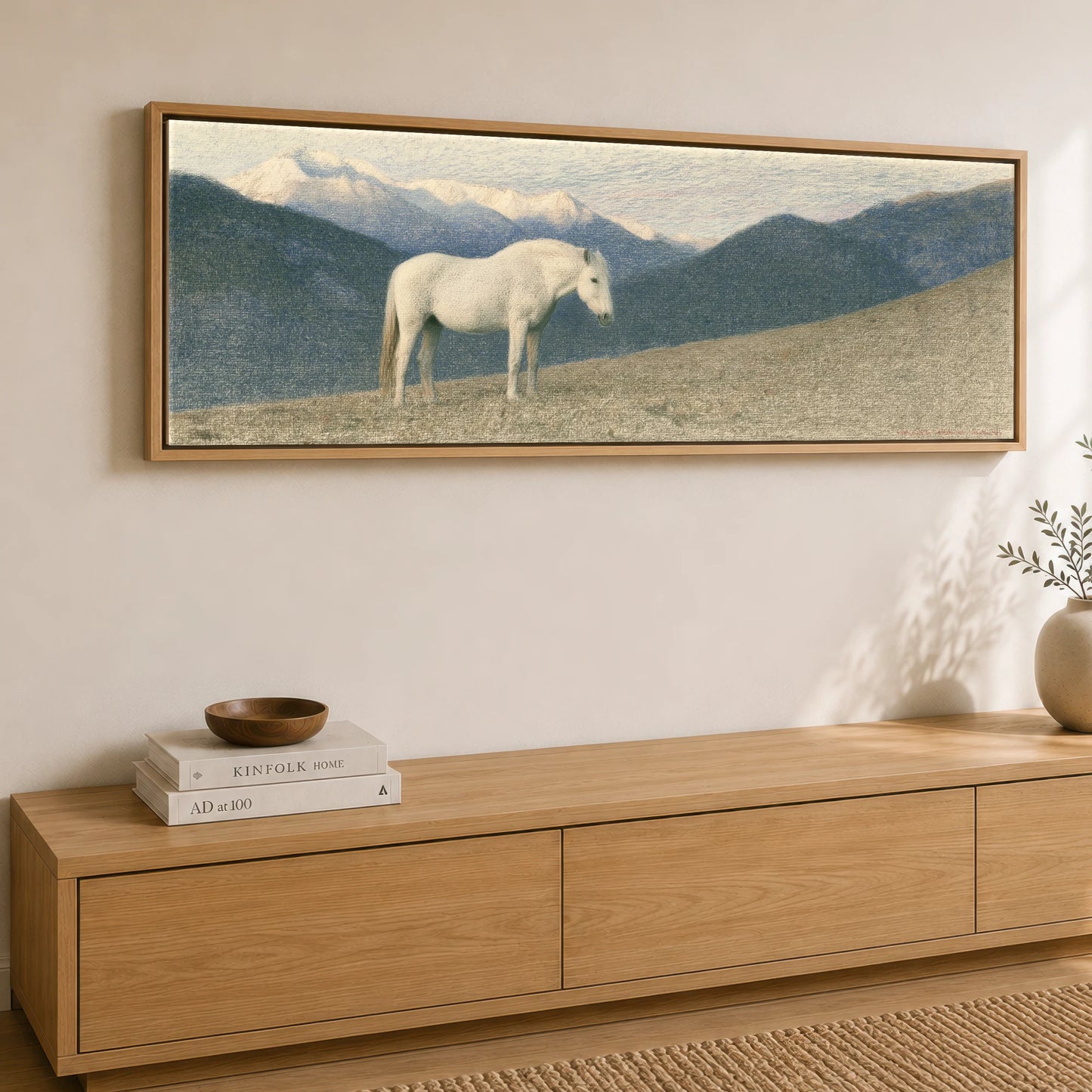 Highland Stillness Horse Landscape panoramic canvas wall art displayed above a sideboard