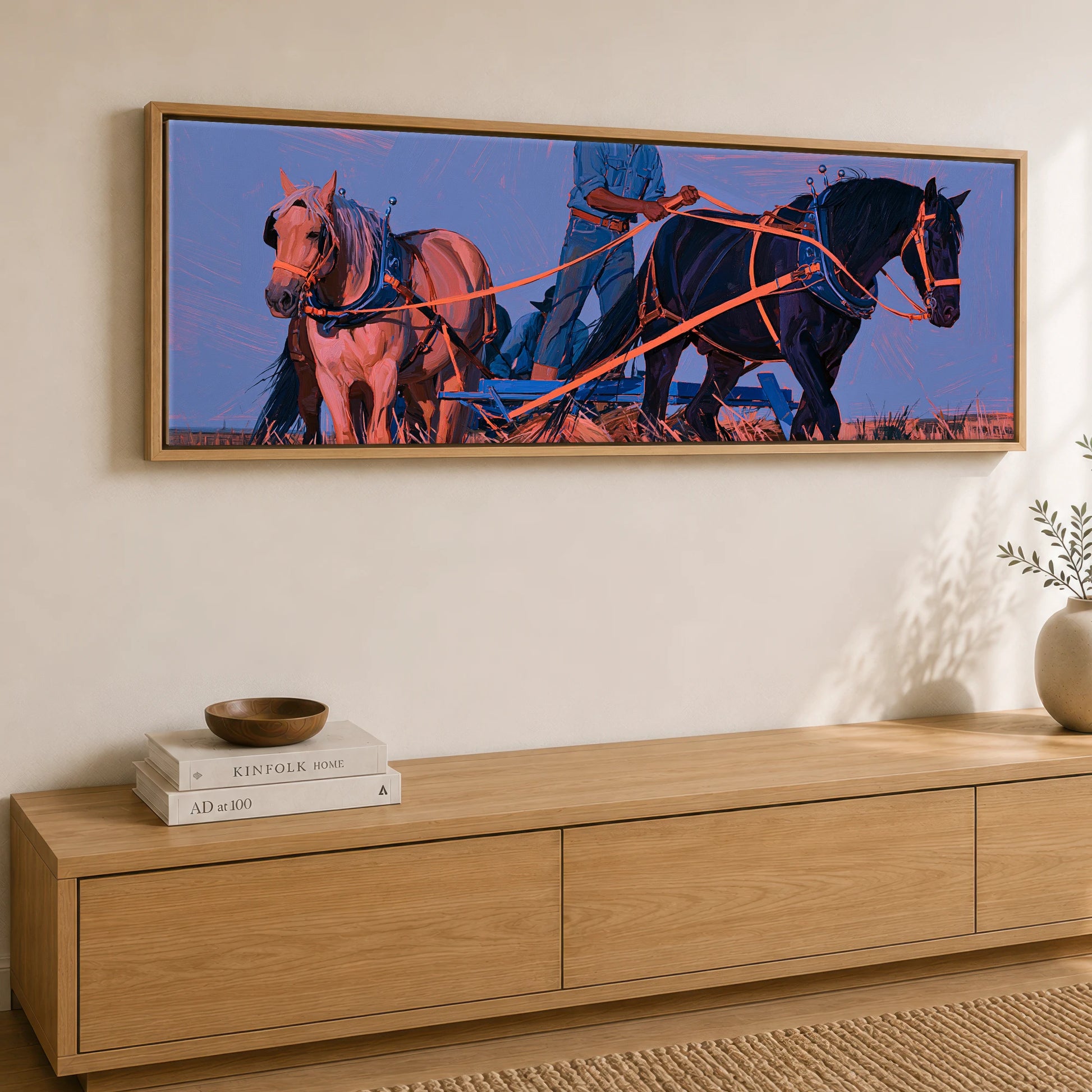 Twilight Draught Team Working Horse panoramic canvas wall art displayed above a sideboard