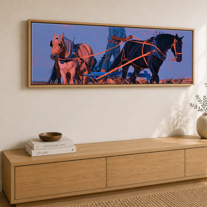 Twilight Draught Team Working Horse panoramic canvas wall art displayed above a sideboard