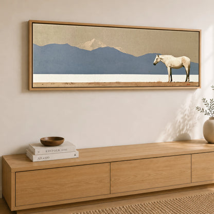 The Quiet Expanse Horse Landscape panoramic canvas wall art displayed above a sideboard