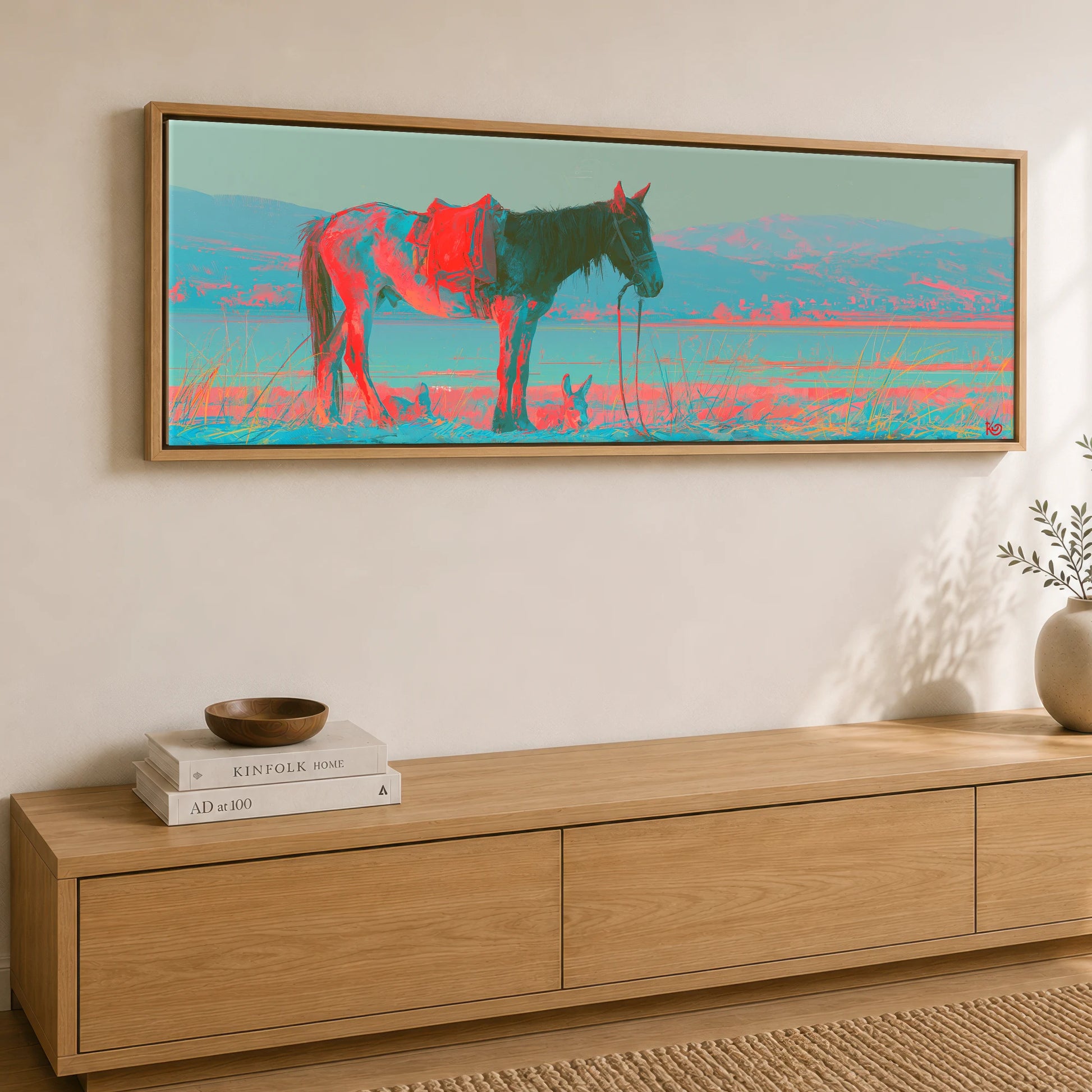 Electric Equine Horizon Horse Landscape panoramic canvas wall art displayed above a sideboard