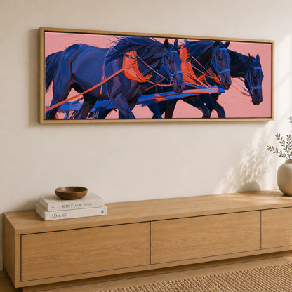The Indigo Team Working Horse panoramic canvas wall art displayed above a sideboard