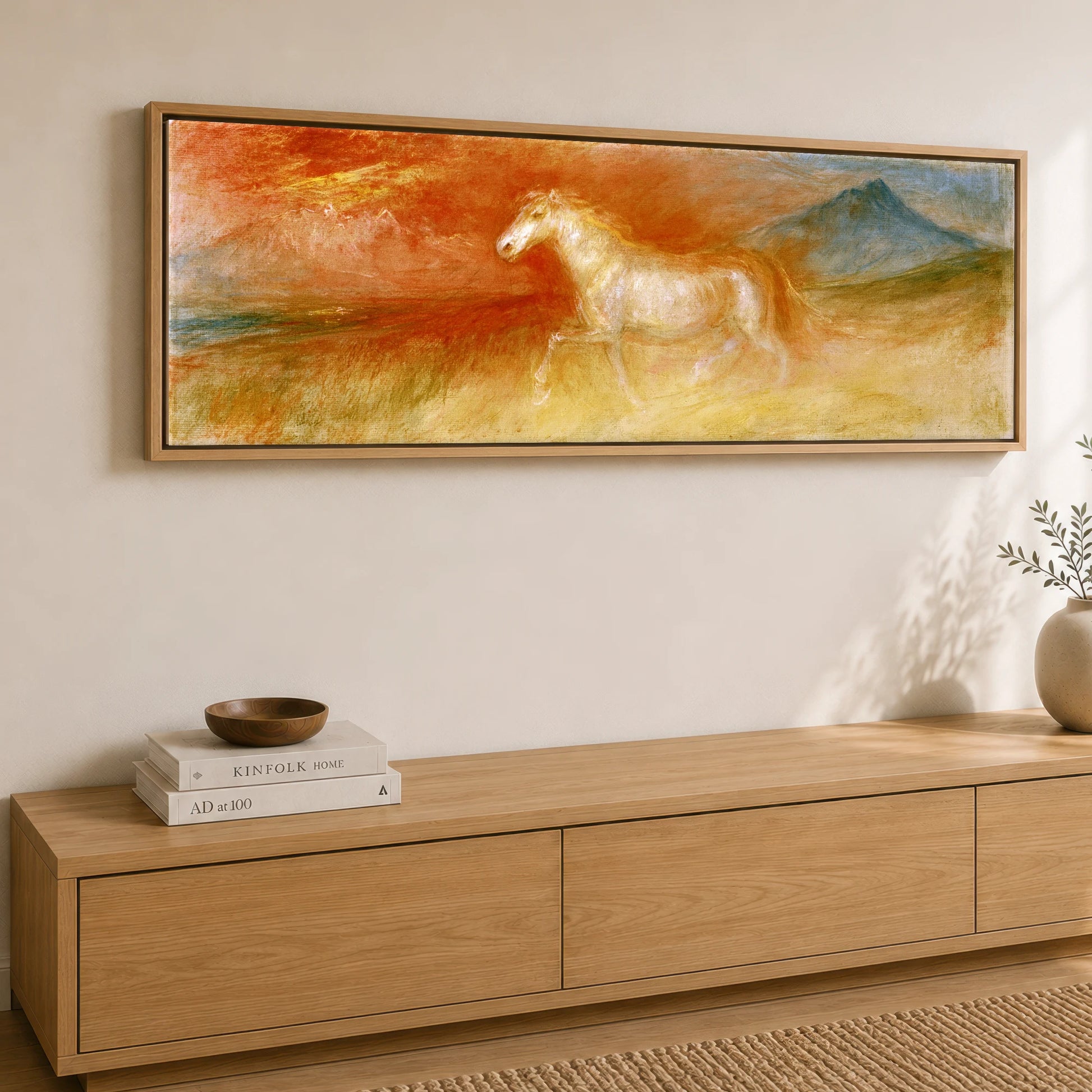 Luminous Spirit Horse Landscape panoramic canvas wall art displayed above a sideboard