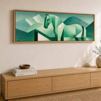 Structured Jade Equine Horse Landscape panoramic canvas wall art displayed above a sideboard