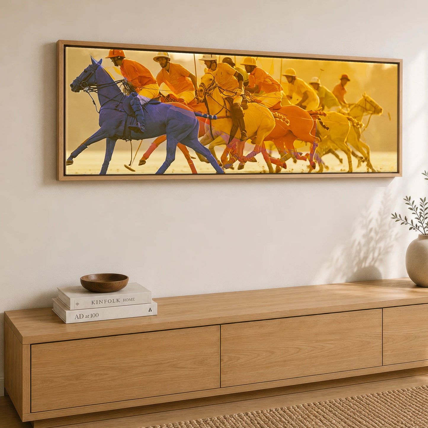 The Cobalt Charge Polo Horse panoramic canvas wall art displayed above a sideboard