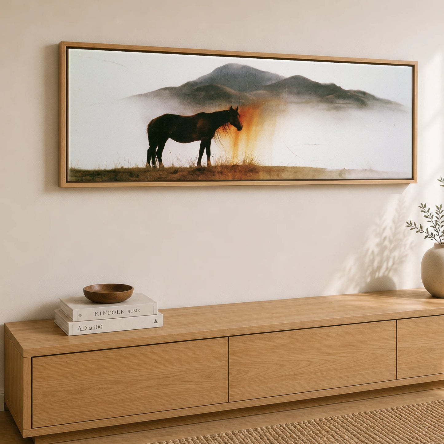Ethereal Amber Mist Horse Landscape panoramic canvas wall art displayed above a sideboard