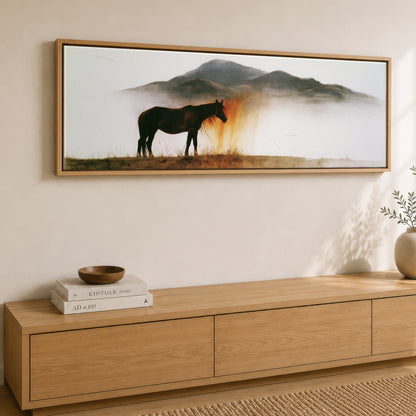 Ethereal Amber Mist Horse Landscape panoramic canvas wall art displayed above a sideboard