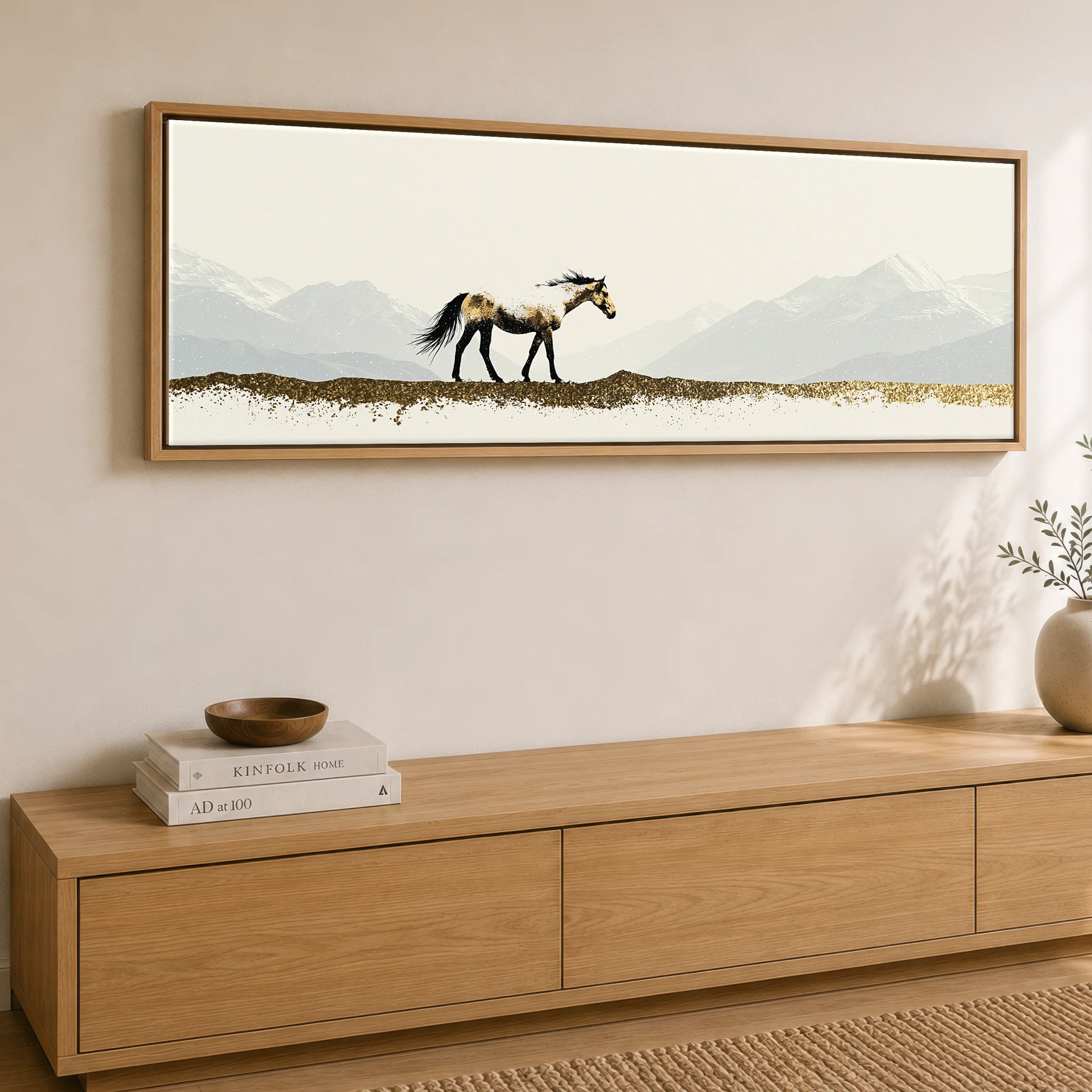Gilded Alpine Wanderer Horse Landscape panoramic canvas wall art displayed above a sideboard
