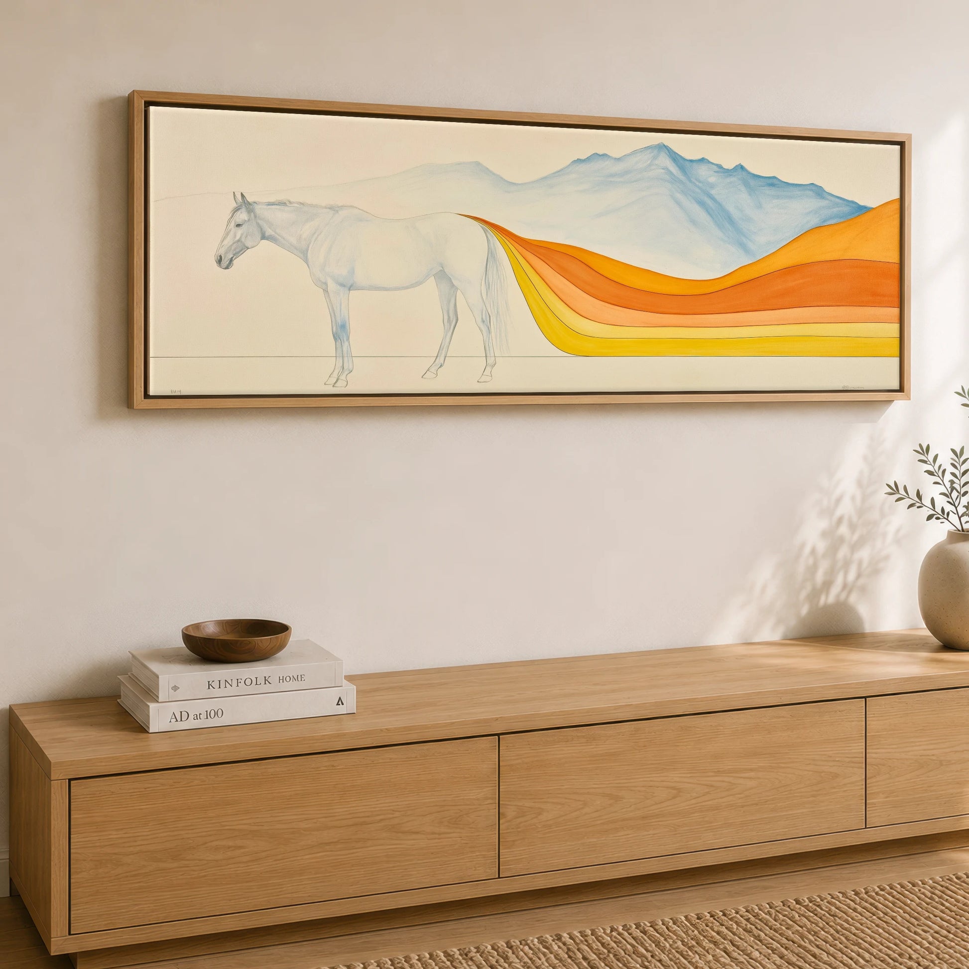 The Flowing Horizon Horse Landscape panoramic canvas wall art displayed above a sideboard